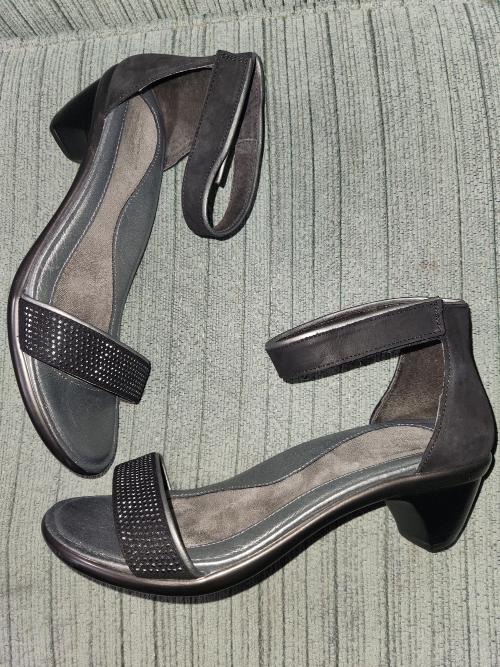 Naot Black Suede Ankle-Strap Mid Block Heel Sandals